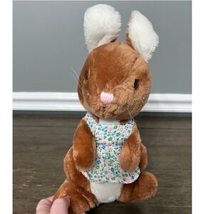 Vintage 1975 R Daikin‎ Plush Bunny Rabbit Brown Floral Apron Stuffed Animal Toy